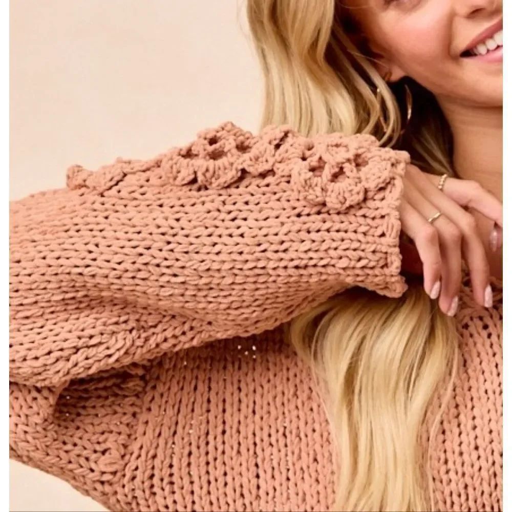 BiBi Chunky Knit Sweater | Cozy Polyester Knit Top 3D Floral Sleeve Details sz L - Picture 6 of 10